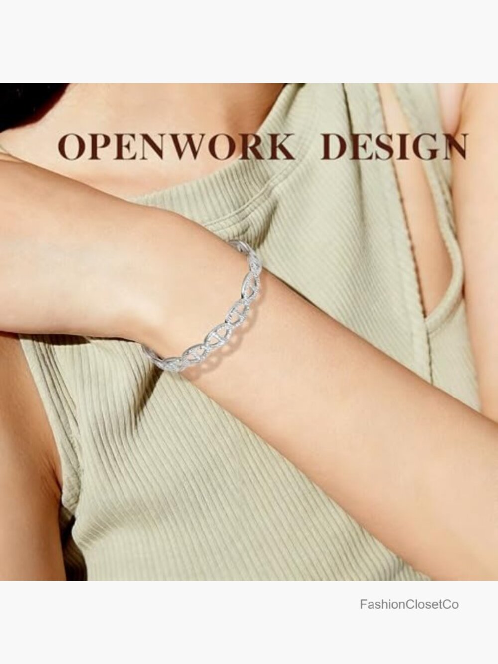 Hammered Silver Cuff Bracelet Bangle, Titanium Steel Adjustable Openwork Design - Picture 2 of 7